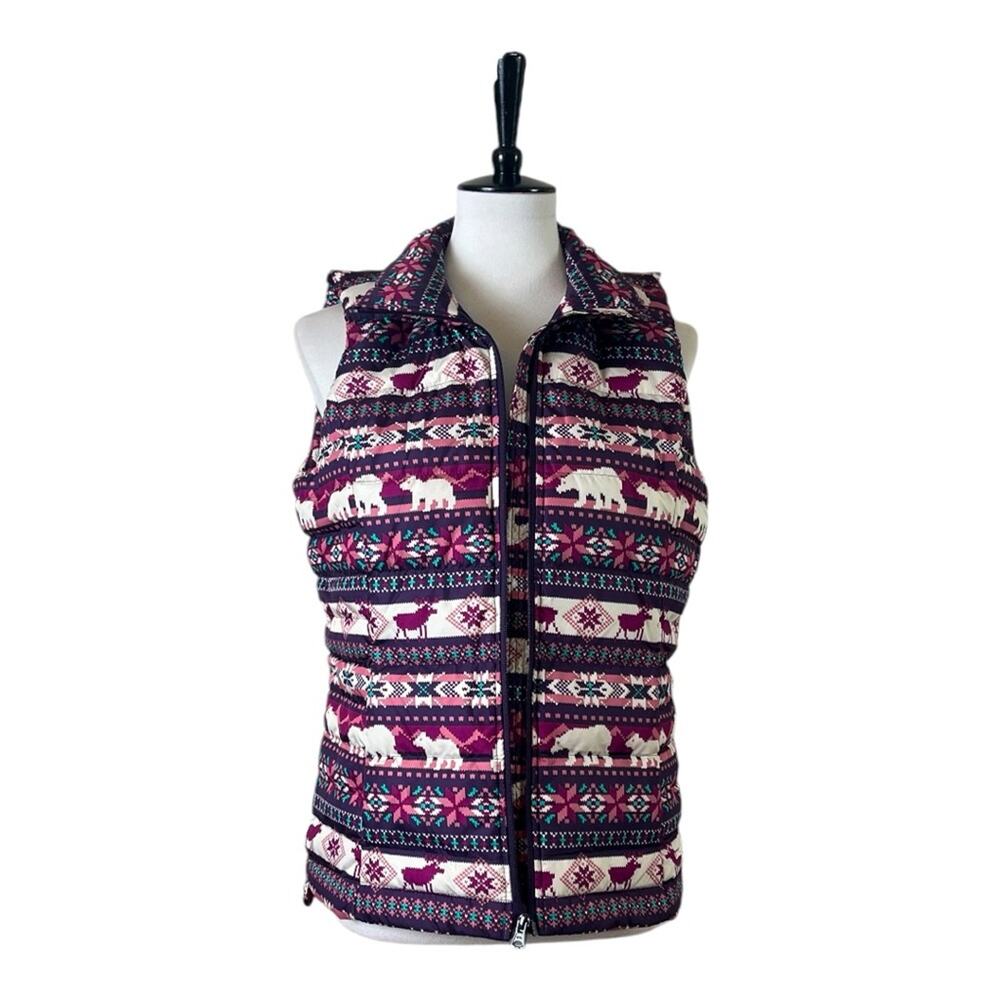 Lands’ End New Vest Puffer Down Feather Filled Zip Purple Deer Print Size Small